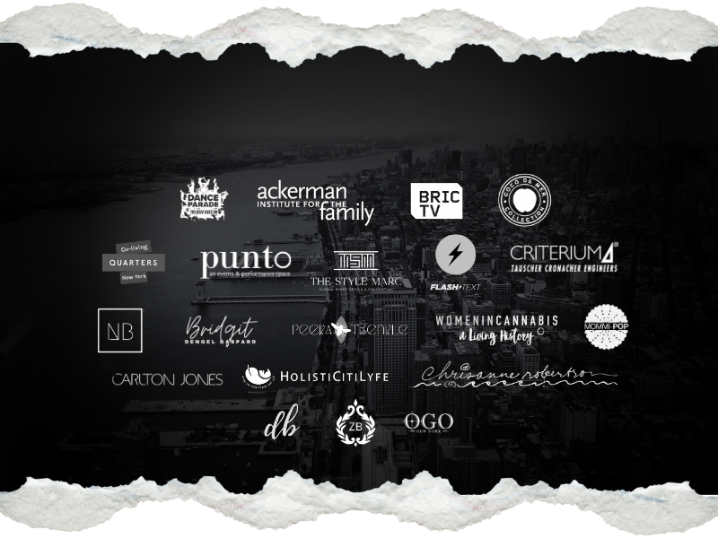 Selected client logos over an aerial cityscape of Manhattan at dusk.